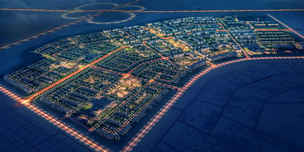 rendering of a modern, family-friendly residential community in Abu Dhabi with green parks and community facilities.