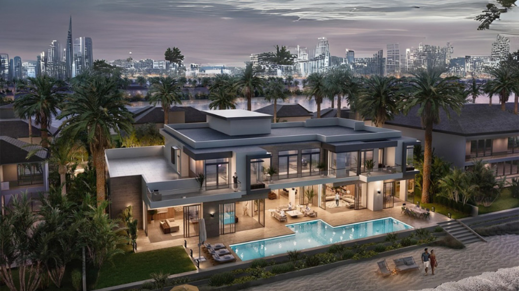 Dubai luxury Villa skyline view of dubai skyscrappers.