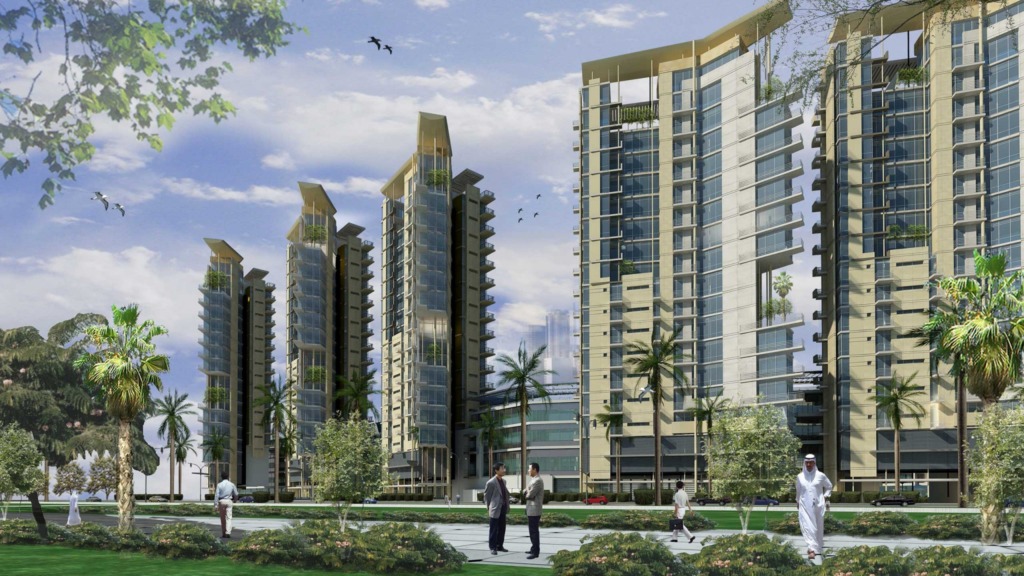 A sleek, modern residential tower in Ajman Downtown, with a focus on a real estate sign to illustrate investment opportunities in Ajman.