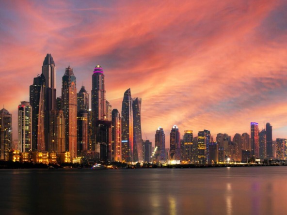 Amazing Dubai Marina Skyline at Sunset, United Arab Emirates