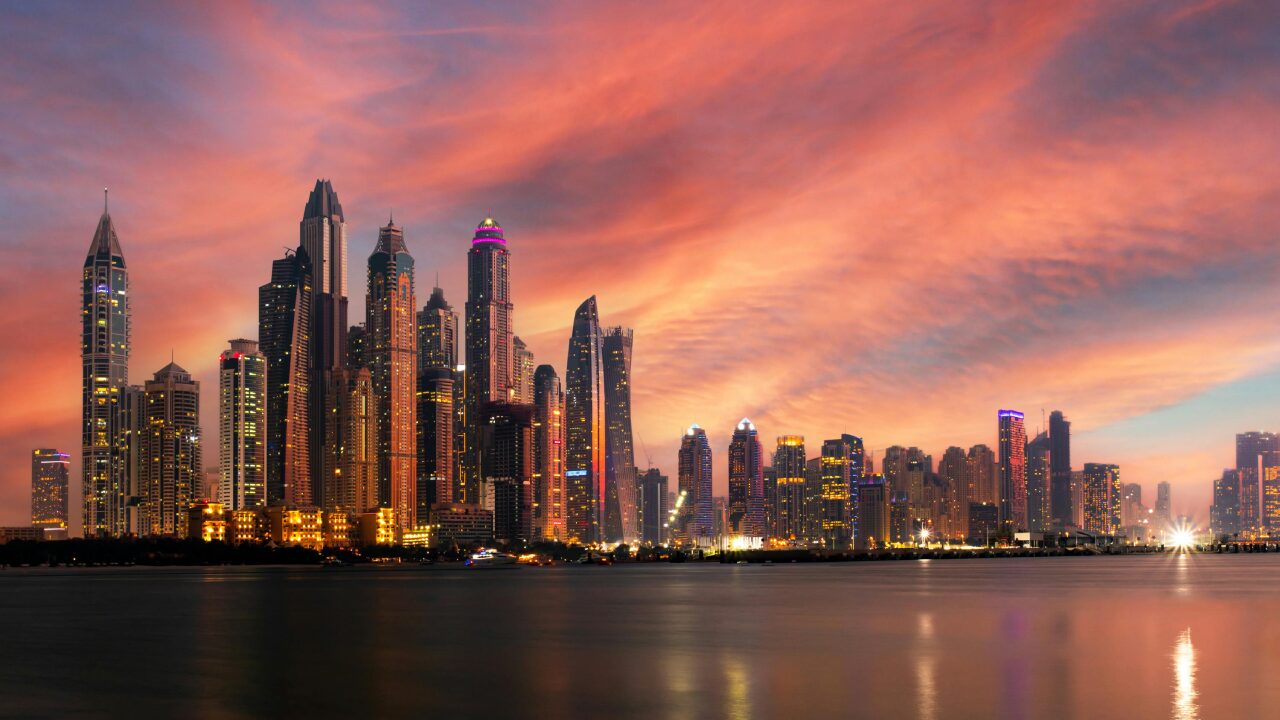 Amazing Dubai Marina Skyline at Sunset, United Arab Emirates